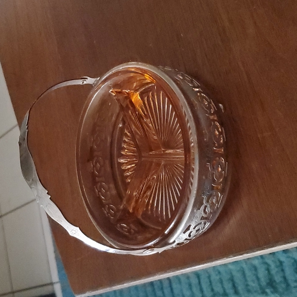 Vintage Pink Glass Divided dish in metal caddy